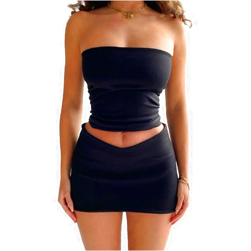 Generic Women's Summer Two Piece Sleeveless Slim Fit Tube Top+Solid Color Low Waist Wrapped Hip Skirt