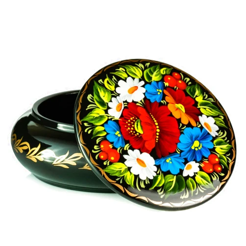 Sapfir Gift Jewelry Box for Earrings, Necklace, Rings, Round Wooden Case with Hand Painted Flowers on Black Lacquer, for Girls and Women, Made in Europe (Rose)