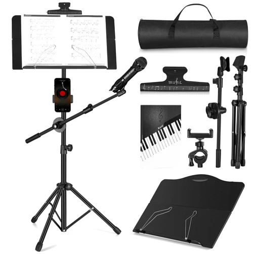 Vangoa Music Stand, Vangoa Folding Sheet Music Stand with Detachable Microphone Stand & Phone Holder, Portable Lightweight with Music Sheet Clip Holder & Carrying Bag for Instrumental Performance