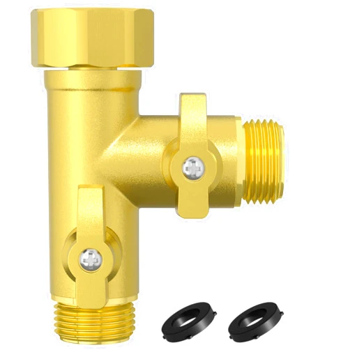 SANTONG High Flow Solid Metal 2 Way ├ Type Garden Hose Splitter with Shut-Off Valves, 360 Degree Rotation 3/4