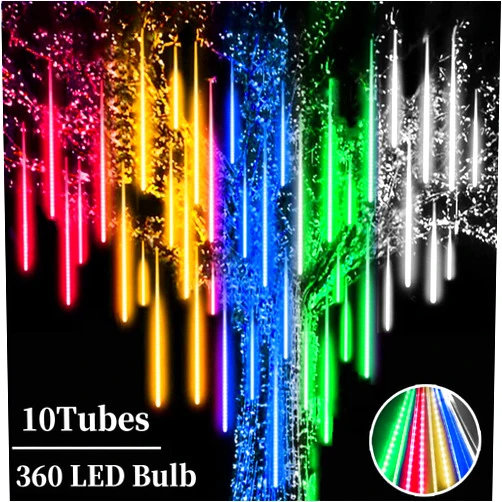 Roytong Meteor Shower Lights, 12 Inch 10 Tube 360 LED Multicolor Christmas Lights, Rain Falling Raindrop Lights for Outdoor Xmas Patio Garden Roof Eaves Decoration