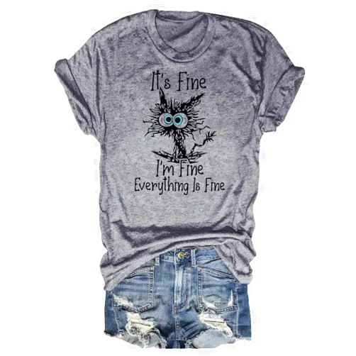 Hantaostyle Women's I'm Fine Everything is Fine T-Shirts Short Sleeve Sayings Oversized Casual Cute Cat Graphic Tee Blouse Tops