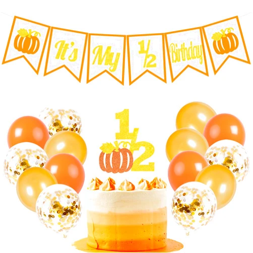 DOMOO OF DREAMS Pumpkin It's My 1/2 Birthday Banner Half Birthday Cake Topper 6 Months Photo Prop Halloween Fall Balloons Party Supplies Gold And Orange