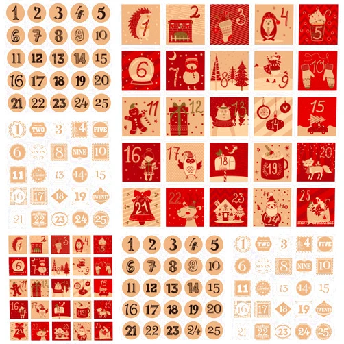 Outus 6 Sheets Christmas Advent Calendar Numbers Sticker, 25 Days Christmas Countdown Calendar Stickers Christmas Boxes Tags Adhesive Labels for Kids DIY Gifts Craft Xmas Holiday, 1.6 Inch (Kraft Style)