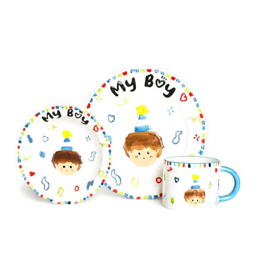 ZONEYILA Children Birthday Gift Dinnerware Set - 3 Pieces, Hand-Painted Boy Girl Ceramic Dessert Plate, Cereal Bowl, Mug - Ideal Gifts for Children over 5 Years Old, Blue