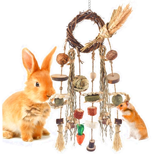 Bissap Bunny Chew Toy, Rabbits Cage Hanging Chew Toys and Treats Rattan Ring with Snacks Water Grass Wooden Block Carrot for Guinea Pigs Chinchillas Hamsters Rats and Other Small Pets Teeth Grinding