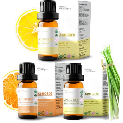 XenCare Organic Sweet Orange + Lemongrass + Lemon Premium Essential Oils Bundle - 10mL, 0.33 fl oz, Pure, Undiluted, 100% Natural for aromatherapy/diffuser use, massage therapy, and home use