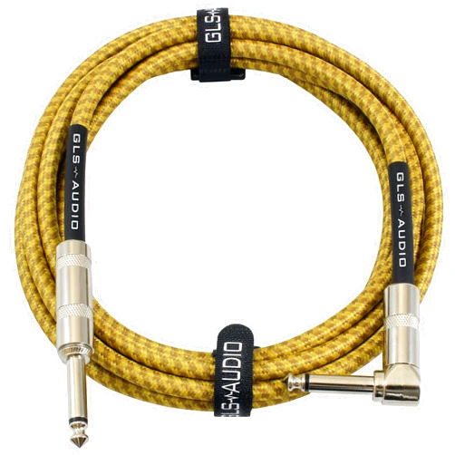 GLS Audio Instrument Cable - Amp Cord for Bass & Electric Guitar - Straight to Right Angle 1/4 Inch Instrument Cable - Brown/Yellow Braided Tweed, 10ft