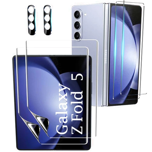 CWQZGUF [2Set 6PCS] Galaxy Z Fold 5 Screen Protector, 2 Inner TPU Films + 2 Outer Tempered Glass + 2 Camera Lens Protecters, High Clarity, Anti-Shatter, for Samsung Galaxy Z Fold 5 5G