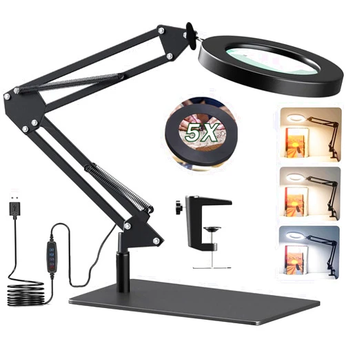 GOI Magnifying Glass with Light and Stand,5X Magnifying LED Desk Lamp with Base & Clamp,3 Color Modes,10 Adjustable Brightness 2-in-1 Adjustable Swivel Arm Lamp Craft Light for Hobby Reading