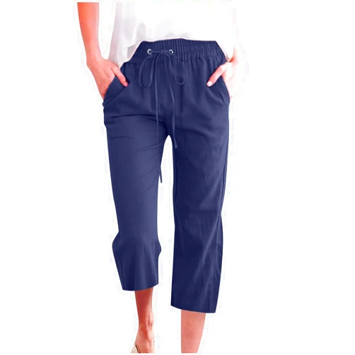 SMIDOW Capri Pants for Women Casual 2025 Summer Drawstring Elastic High Waist Linen Pant Straight Wide Leg Cropped Trouser
