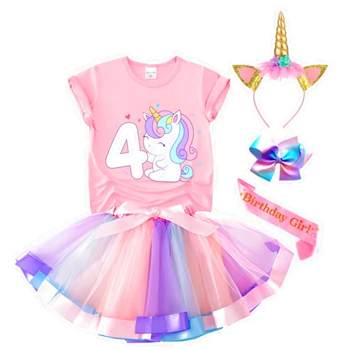 Tutu and Sian Unicorn Birthday Outfit for Girls - Unicorn Shirt, Tutu Skirt Dress, Birthday Girl Crown, Hair Bow & Satin Sash