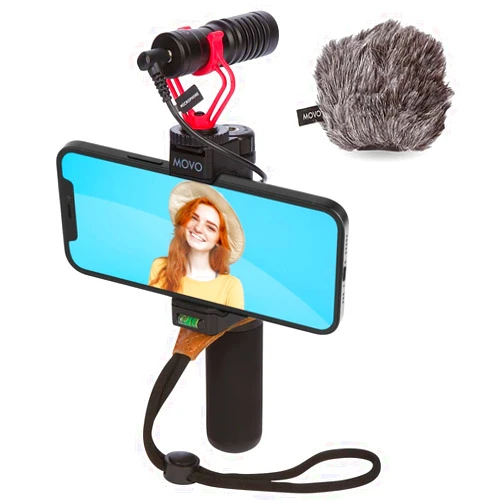 Movo Smartphone Vlogging Kit for iPhone with Shotgun Microphone, Grip Handle, Wrist Strap for iPhone and Android Smartphones for TIK Tok, Vlog, YouTube Starter Kit and Content Creator Kit