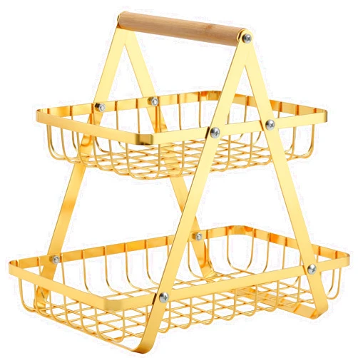 CHPHI 2 Tier Fruit Basket for Kitchen, Metal Fruit and Vegetable Storage Stand, Detachable Metal Rectangle Basket Storage, rust-Proof Fruit Holder for Vegetables, Bread, Toiletry, Gold