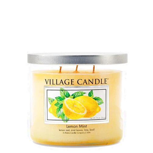 Village Candle Lemon Mint, 3-Wick Silver Lid Medium Bowl, Scented Candle, 14 oz.
