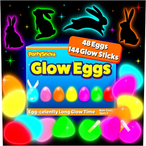 PartySticks 48 Easter Glow Eggs & 144 mini Glow Sticks 192pcs total, Glow-in-the-Dark Kids Teens Adults Easter Basket Stuffers Fillers Gift for Hunt Game, Party Favors, Boys Girls Classroom Prizes