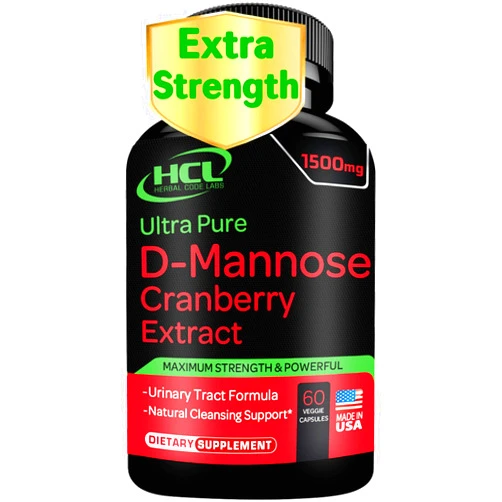 HCL HERBAL CODE LABS D-Mannose with Cranberry Extract Capsules 1500mg Super Strength Pills – Fast-Acting UTI Urinary Tract – Bladder Health Supplement