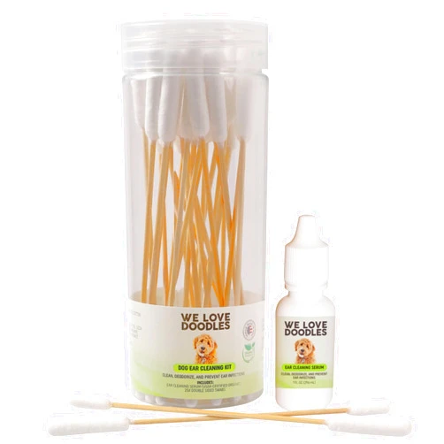 We Love Doodles Dog Ear Cleaning Solution Kit | Prevent Infections | Organic | Made in USA | Ear Drops for Dogs | Itching, Deordoring, Yeast & Mites Infection (Serum + 25 Swabs)