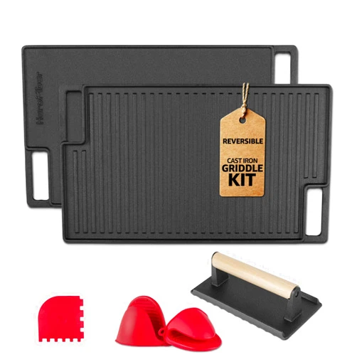 HeroFiber Cast Iron Reversible Grill/Griddle Set with Press, Scraper & Mitts - Pre-Seasoned, Non-Stick - 16.75