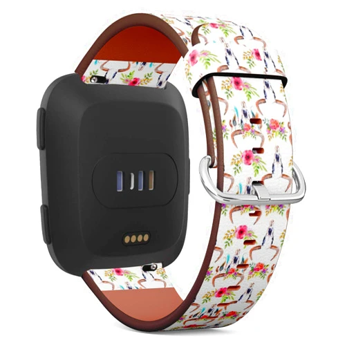 Munzozosh Compatible with Fitbit Versa, Versa 2, Versa Lite - Quick Release Leather Wristband Bracelet Replacement Accessory Band - Watercolor Bull Skull Flowers Feathers
