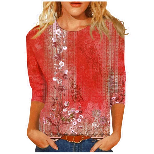 WJDNHKYD Women's 3/4 Sleeve Shirts Crew Neck Loose Tops Casual Floral Printed Tshirts Trendy Basic Tunic Summer Ladies Tops