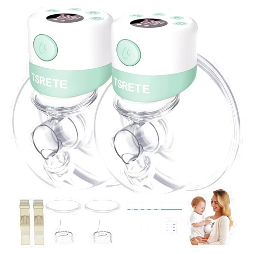 TSRETE Double Wearable Breast Pump, Electric Hands-Free Breast Pumps with 2 Modes, 9 Levels, LCD Display, Memory Function Rechargeable with Massage and Pumping Mode 24mm Flange-Green