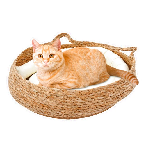LUGBING Woven Soft Cat Bed, 16.9in Comfortable Cat Scratcher with Cushion, Pillow and Bamboo Mat, Breathable Cooling Sleeping Nest, Cat Scratching Woven Pet Nest, Relieves Stress