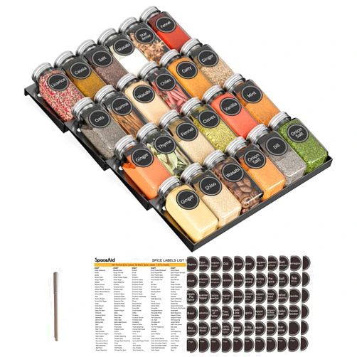 SpaceAid Spice Drawer Organizer with 24 Spice Jars, 386 Spice Labels, 4 Tier Seasoning Rack Tray Insert for Kitchen Drawers, 11.25
