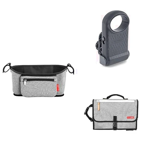 Skip Hop On The Go Essentials with Stroller Organizer, Changing Pad, and Portable Fan, Grey Melange