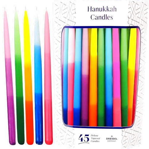 The Dreidel Company Dripless Deluxe Tapered Hanukkah Candles, Multicolored 3-Tone Pastel Decorations, 45 Menorah Candles for All 8 Nights of Chanukah 1-Hour Burn Time