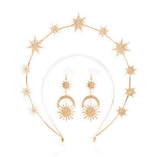 puwuto Halo Crown - Stars Crystal Goddess HeadBand with Earrings Mary Metal Halo Headpiece Celestial Crowns Tiaras for Women Bridal Wedding Costume Cosplay Party Goddess Accessories - Gold (Star)