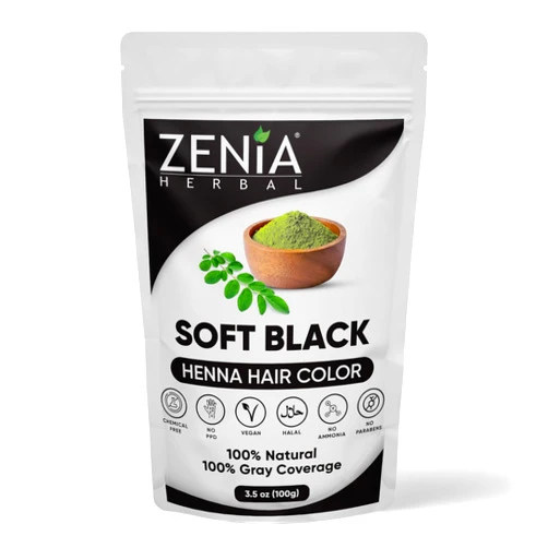Zenia Natural Henna Hair & Beard Color/Dye | Chemical Free, Ammonia Free, Cruelty-Free, Vegan | Gray Hair Coverage | (3.5oz) 100g (Soft Black)