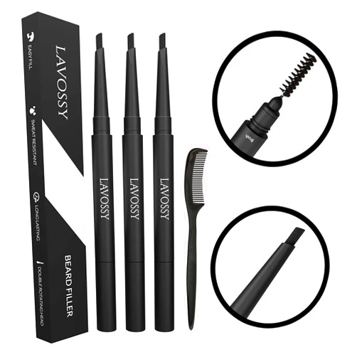 LAVOSSY Beard Pencil Filler for Men - Dark Brown Pack of 3 - Long Lasting and Easy to Use Beard Pen with blending brush results in a sleek & natural look, Water/Sweat Proof beard filler