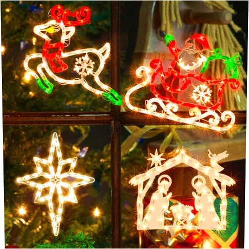 TWINGLEHOME 4 Pack 50L Christmas Window Silhouette Lights Decorations,Including: Deer x1,Santa and Sleigh x1,Nativity x1,Bethlehem Star x1
