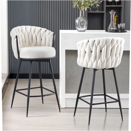 BFZ Bar Stools Set of 2 for Kitchen Counter, 26 inch Modern Fabric Counter Height Barstools, 360°Swivel Bar Chairs Stools with Woven Back and Footrest for Bar, Kitchen Island
