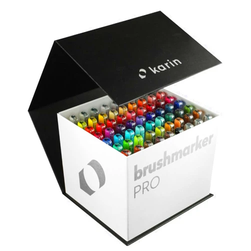 Karin Brushmarker Pro 63pc Mega Box Plus brush tip markers Set, Blendable, Water-Based, Professional Grade Brush Markers for Adults and Artists, 60 Colors and 3 Blenders in Exclusive Storage Case
