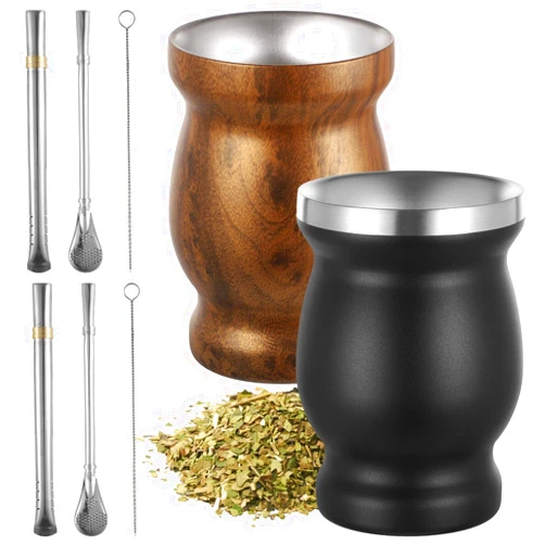 OMISTAR 2 Pack Yerba Mate Cup and Bombilla Set, 8 oz Stainless Steel Yerba Mate Gourd Set with Straw, Filter and Brush, Double Walled Mate Cup And Bombilla Set