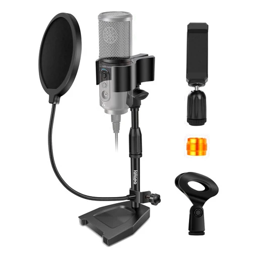 IQlQPQ Desktop Mic Stand, iQLQPQ Adjustable Microphone Stand Desk with Upgrade Microphone Clip Max Clamping Range 60mm,Pop Filter,Cell Phone Clip,3/8