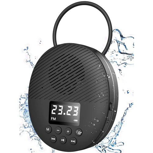 AGPTEK Shower Radio Speaker with Bluetooth 5.0, AGPTEK Waterproof Wireless Bathroom FM with Suction Cup 12H Long Playback Time, Lanyard, LCD Screen Display, Handsfree Calling, Storage Card Playback Black