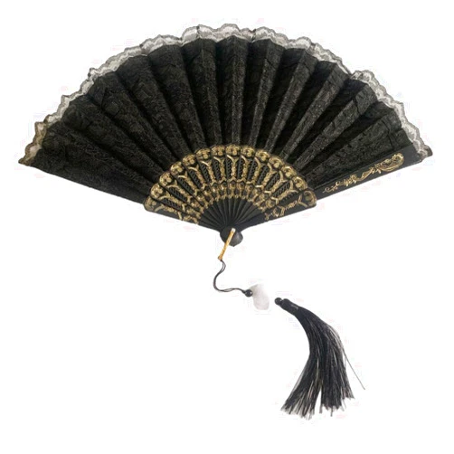 Sehtorry Black Lace Folding Hand Fan Chinese Foldable Handheld Fan with White Lotus Jade Tassel for Wedding Party Dancing Decoration