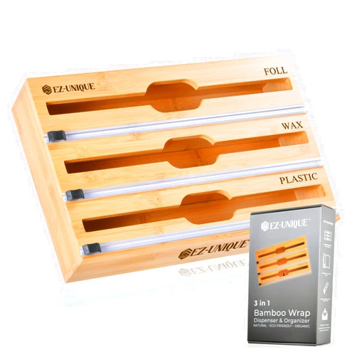 EZ-UNIQUE Bamboo 3-in-1 Wall Mount Wrap Organizer with Cutter for Aluminum Foil, Wax Paper, and Cling Wrap. Plastic Wrap, 3-in-1 Wrap Dispenser with Cutter for 12” Roll, Ideal for Kitchen Storage Organization
