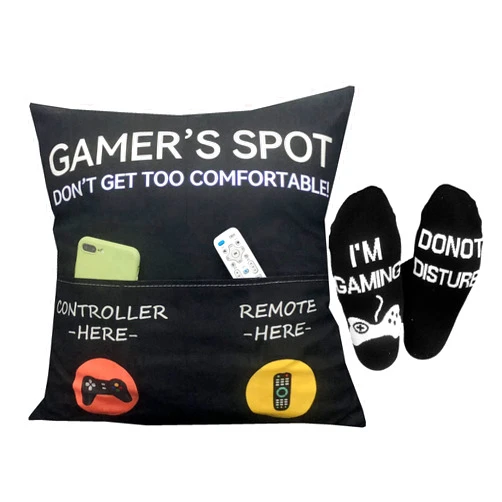 ZUYUROU Gamer Gifts, Pocket Design Throw Pillow Covers 18 x 18 Inch + Gamer Socks, Gaming Room Décor Stocking Stuffers Easter Basket Stuffers for Teen Boys Girls Men Father Boyfriends