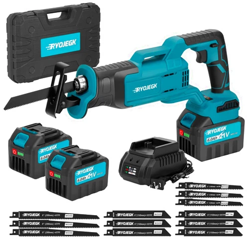 RYOJEGK 21V Brushless Reciprocating Saw,2×6.0Ah Battery Cordless Power Sawzaw 28mm 3500 SPM High-Performance Saws with 12 Saw Blades, Recíproca for Heavy-Duty Materials Cutting Wood Metal & PVC