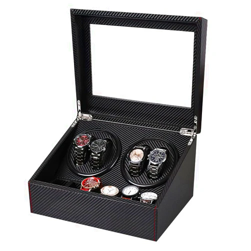 J&T Technology 4 Automatic Watch Winder with 6 Storage Case for Man/Woman's Watches,Japanese Mabuchi Quiet Motor- AC Adapter Included(Carbon Fiber Leather)