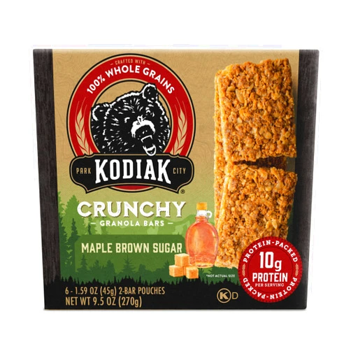 Kodiak Cakes Kodiak Crunchy Granola Snack Bars, Maple Brown Sugar, High Protein, 100% Whole Grains, 1 box with 6 pouches (12 bars)