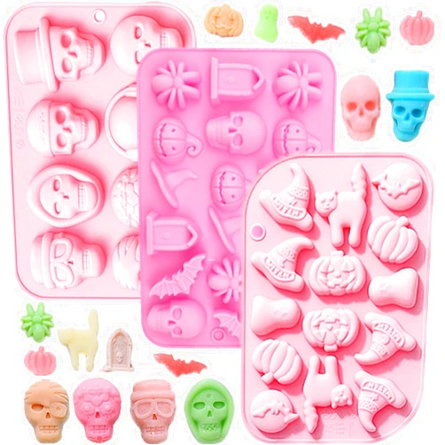 JJzxwish 3 Pcs Halloween Chocolate Candy Silicone Mold Halloween Molds Ghost Pumpkin Bat Skull Witch Hat Gummy Fondant Baking Mold for DIY Candy Ice Cube Sugar Halloween Party Cupcake Topper Decorating