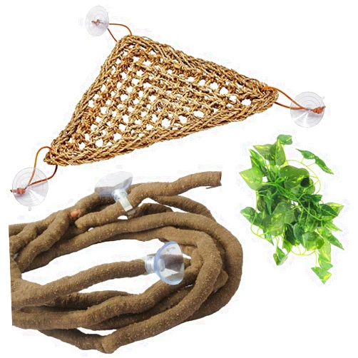 PINVNBY Bearded Dragon Hammock,Bearded Dragon Tank Accessories,Jungle Climber Vines Flexible Reptile Terrarium Leaves with Suction Cups Habitat Decor for Chameleon, Lizards, Gecko, Snakes（3 PCS）