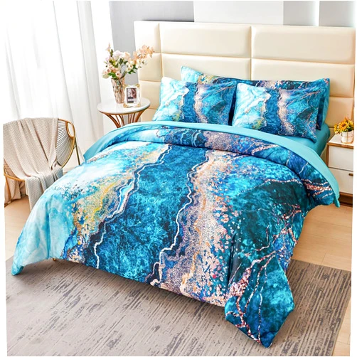 PERFEMET 6 Pcs Teal Marble Comforter Set Queen Watercolor Marble Printed Quilt Set Luxury Retro Artwork Style Teal and Gold Bed in A Bag Complete Set(Teal, Queen)
