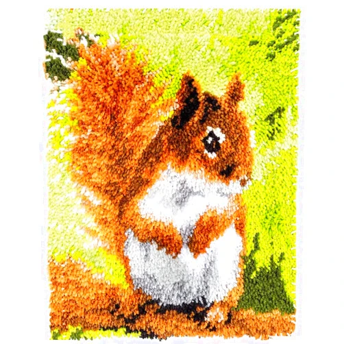 SxLingerie Squirrel Latch Hook Rug Kit Kids Adults DIY Crochet Rug Making Kit with Preprinted Canvas Cute Squirrel Pattern Handmade Embroidery Carpet Tapestry Set Shaggy Home Decorations,20.5x14 inch