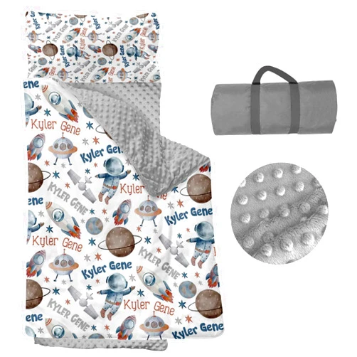 Snirov Personalized Nap Mats for Daycare - Kids Nap Mat with Pillow and Blanket for Preschool Kindergarten Custom Name Space Toddler Sleeping Bag for Boys, Thick Padded Easy Roll